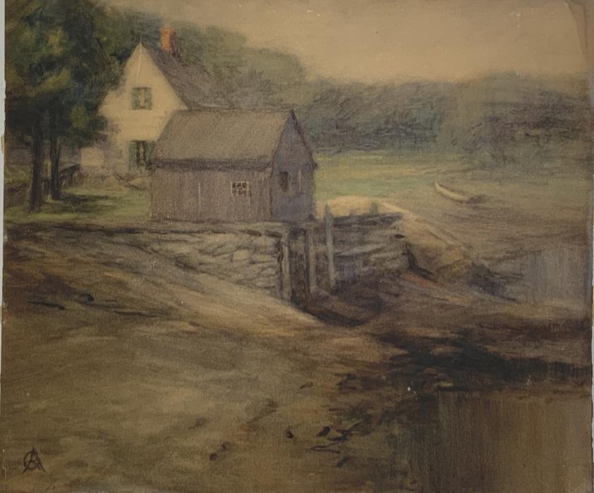 New Castle, N. H., GA or AG monogram: New Castle, N. H., GA or AG monogram. On verso written in pencil : The edge of the pond, New Castle N. H.. Title: The Edge of the pond. Medium: Watercolor. Size: 12.25 x 14 in. Signature: Initials/Mon