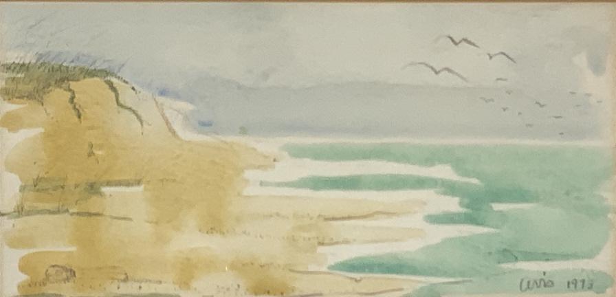 Aris, Coastline water color: Aris, Coastline water color. Dated 1973, Gallery label on verso: Merlinâ€™s art shop, New Haven CT. Frame size: 8.50 x 13.25. Title: Ocean coastline. Medium: Watercolor. Size: 4.25 x 9 in. Signat