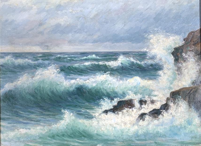 Robert Rasmussen, coastal waves, dated 1918: Robert Rasmussen, coastal waves, dated 1918. Frame size: 24 x 30 x 2. Title: Crashing waves, 1918. Medium: Oil on Canvas. Size: 19 x 24.75 in. Signature: SLR. Artist: Robert Rasmussen. Framed.
