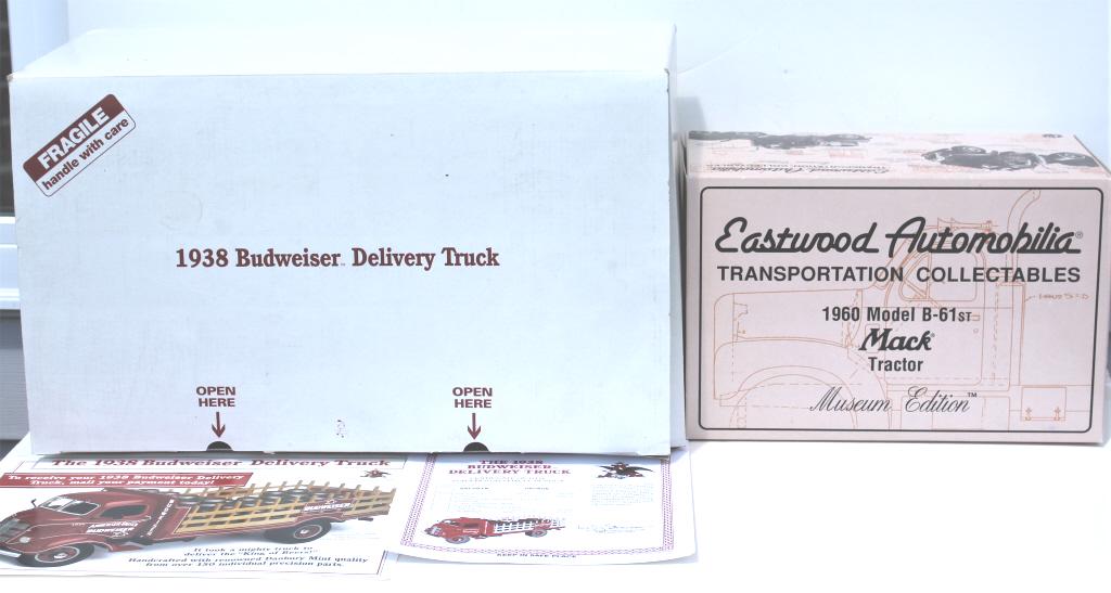 1938 Budweiser Truck and 2 Mack Truck Replicas: 1938 Budweiser Truck and 2 Mack Truck Replicas. .