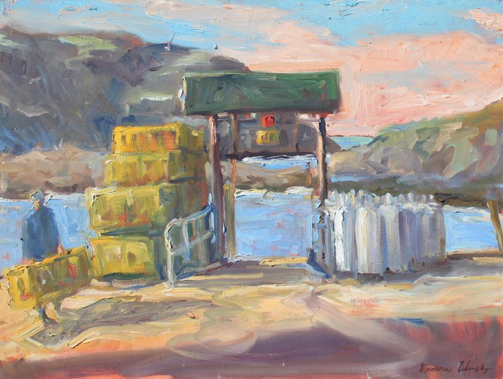Theodore Tihansky, Monhegan Island, Town Dock: Theodore Tihansky, Monhegan Island, Town Dock. Label on verso, Theodore Tihansky received his formal art training at the Art Students League in New York City, Paier College of Art, and Lyme Academy of