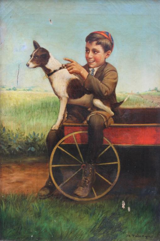 Michele Falanga, Boy and dog portrait: Michele Falanga, Boy and dog portrait. Michele Falanga was born in Torre del Greco, Naples, Italy on July 5, 1867. He studied first with artist Michele Tedesco, then at the Istituto di Belle Arti in N