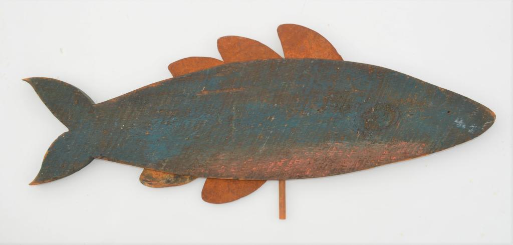 Wooden fish weathervane: Wooden fish weathervane. . Title: Wooden fish weathervane. Medium: Wood. Size: 28 x 10 in. Signature: Unsigned. Unframed.