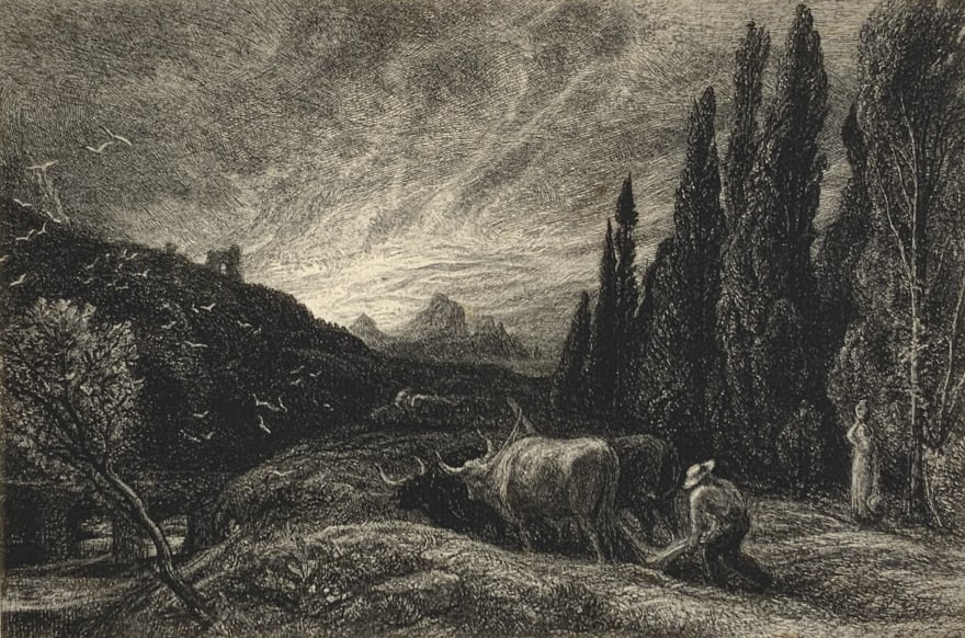 Samuel Palmer, The Early Poughman, Etching: Samuel Palmer, The Early Poughman, Etching. Label on verso: Palmer, Samuel, 349 The Early Poughman. Etching. Hardie, Nol. 9., Signed in pencil,m-S. Palmer. Early published stateâ€¦.Size total pape