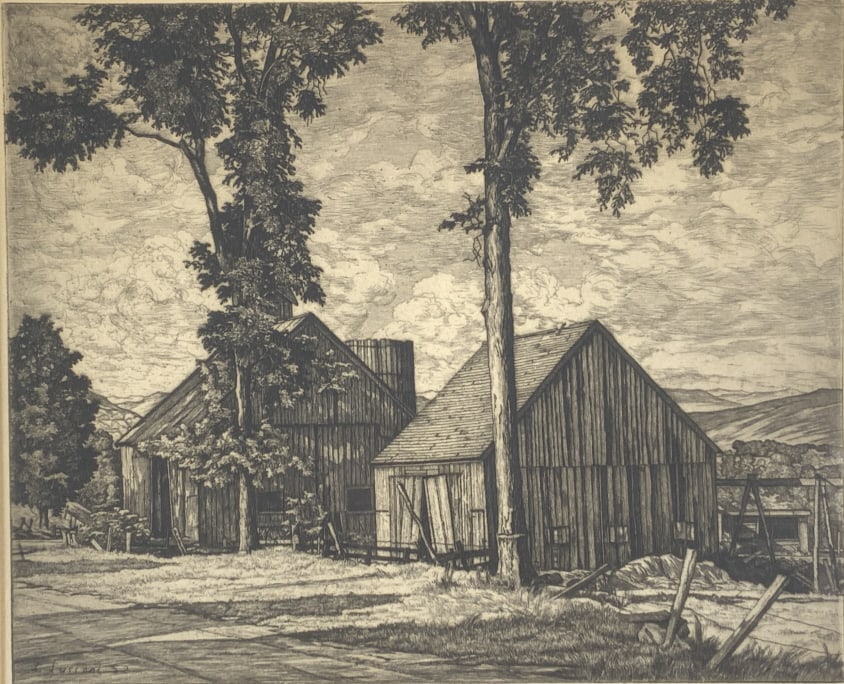 Luigi Lucioni, Etching,: Luigi Lucioni, Etching,. Frame size: 16 x 17.50. Title: Barns. Medium: Etching. Size: 9.25 x 11.25 in. Signature: SLR. Artist: Luigi Lucioni. Framed.