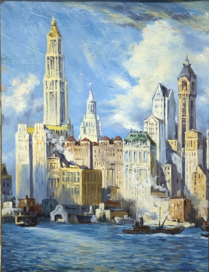 New York Skyline, oil on board 20th c.: New York Skyline, oil on board 20th c.. Style of Colin Cooper Campbell, Frame size: 17.50 x 14.50. Title: New York Skyline. Medium: Oil on Board. Size: 12 x 9 in. Framed.