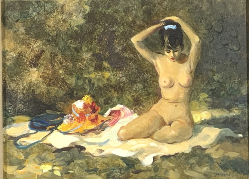 John Pillew, The Blue bow, Female nude model: John Pillew, The Blue bow, Female nude model. Frame size:15.50 x 18.75. Title: The Blue Bow. Medium: oil on masonite. Size: 9 x 12 in. Signature: SLR. Artist: John Pillew. Framed.