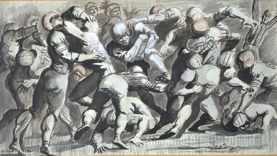 Football Game, 1930s-40s, illegible signed xxm: Football Game, 1930s-40s, illegible signed xxm. Frame size: 23.50 x 31.25. Title: Football game 30s-40s. Medium: Gouache and watercolor. Size: 13.50 x 24 sight in. Signature: SLR. Artist: Illegible si