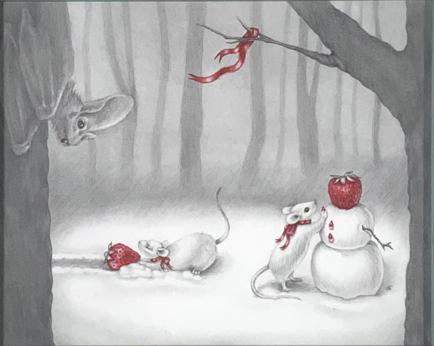 Desiree Fessler, Mice building snowman: Desiree Fessler, Mice building snowman. Bat watching Mice, bat, snowman, snowman, red ribbon,. Title: Mice building snowman. Medium: Pencil and watercolor. Size: 7.50 x 9.50 sight in. Signature: Initi