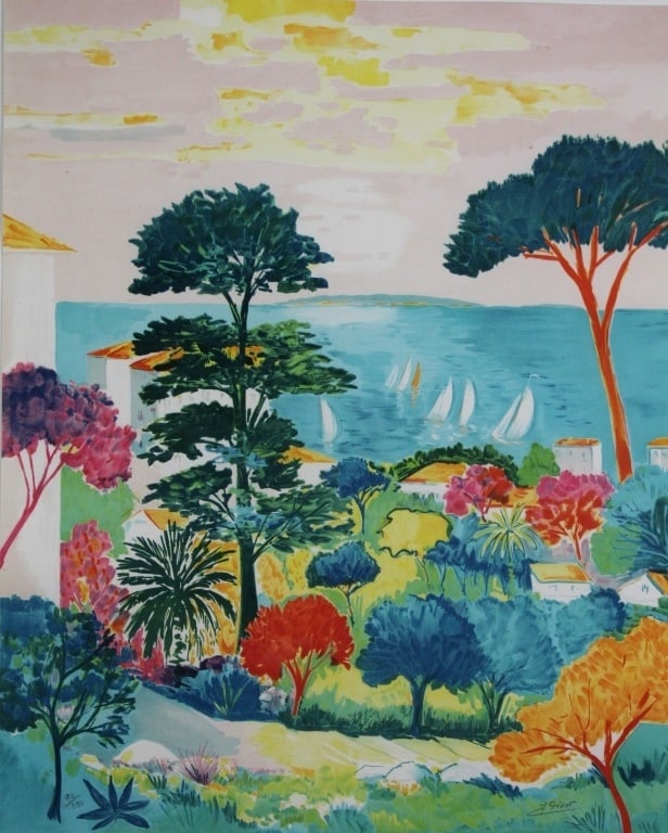 Jean- Claude Picot (French 1933-): Jean- Claude Picot (French 1933-). View from the French hillside looking down on sailboats in the harbor. Numbered 92/250. Title: French Hillside. Medium: Lithograph. Size: 28.5 x 23.5 (image) in. Sig