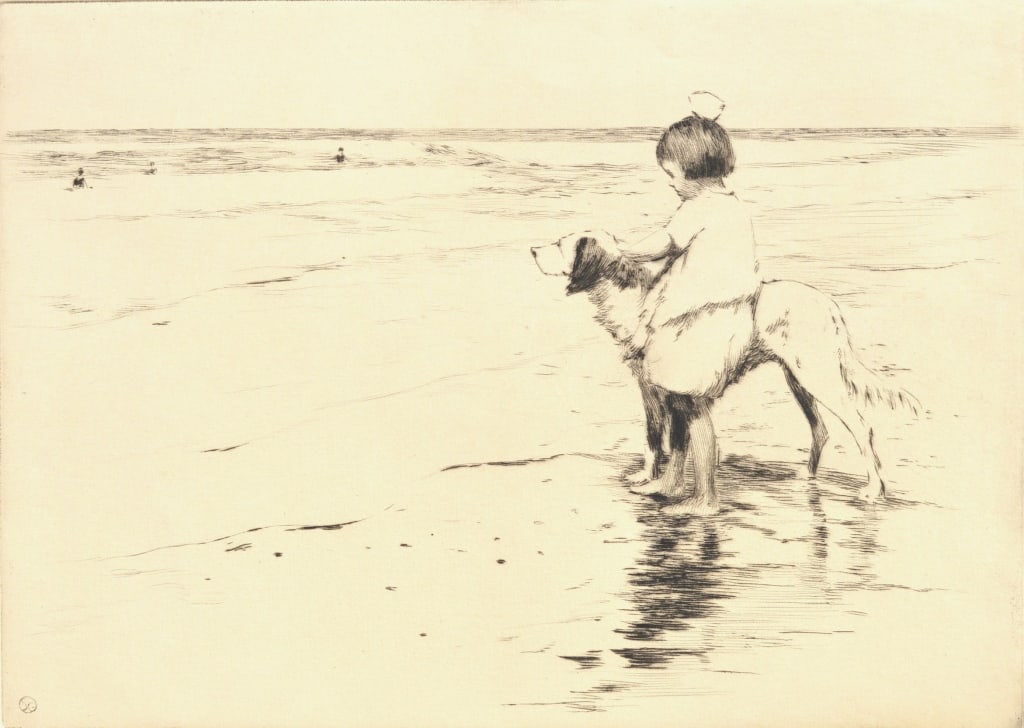 Sears Gallagher, Best Friends at the Shore.: Sears Gallagher, Best Friends at the Shore.. Signed and tiled in pencil by artist. Paper size 107/8 x 14 6/8 in.. Title: "Steady". Medium: Etching. Size: 7.875 x 11.125 (image) in. Signature: SLL. Art