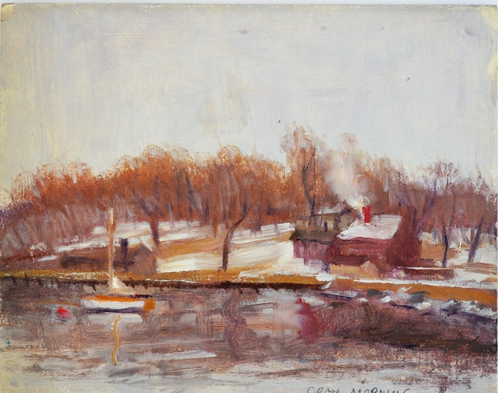 Harry Lang Barton (1908 - 2001): Harry Lang Barton (1908 - 2001). . Title: "Gray Morning". Medium: Oil on Board. Size: 8 x 10 in. Signature: Estate Stamp. Artist: Harry Lang Barton (1908 - 2001). Unframed.