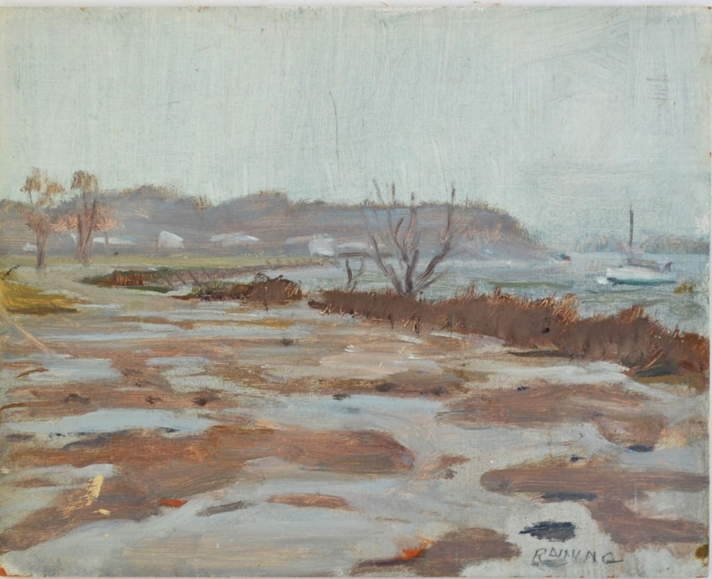 Harry Lang Barton (1908 - 2001): Harry Lang Barton (1908 - 2001). . Title: "Raining". Medium: Oil on Board. Size: 8 x 10 in. Signature: Estate Stamp. Artist: Harry Lang Barton (1908 - 2001). Unframed.