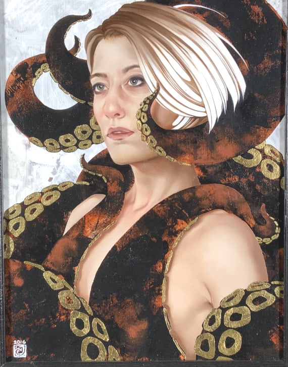 Carly Janine Mazur, Cynthia, Illustration, 2016: Carly Janine Mazur, Cynthia, Illustration, 2016. Modern Eden Gallery, San Francisco label on verso, Artist label also. Frame size: 18.50 x 15.50. Title: Cynthia. Medium: Oil on Board. Size: 14 x 11 in