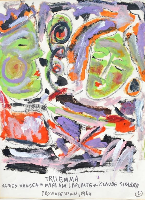 Provincetown, 1984, "Trilemma" (3 well know artist): Provincetown, 1984. Claude A. Simard (1943 - 2014) was active/lived in Massachusetts, Quebec / Canada. Claude Simard is known for Paintings, murals, illustrations, design, prints. James Hansen (1951-1