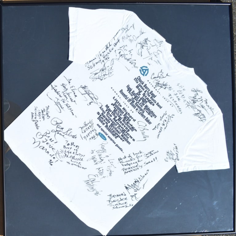 Signed Jazz Festival (Newport) shirt by performers: Signed Jazz Festival (Newport) shirt by performers. Shirt signed by Michael McDonald, Little Richie, Boz Scazz, Dr. John and others. Title: Signed Jazz Festival (Newport) shirt bys. Size: 40.25 x 40.5
