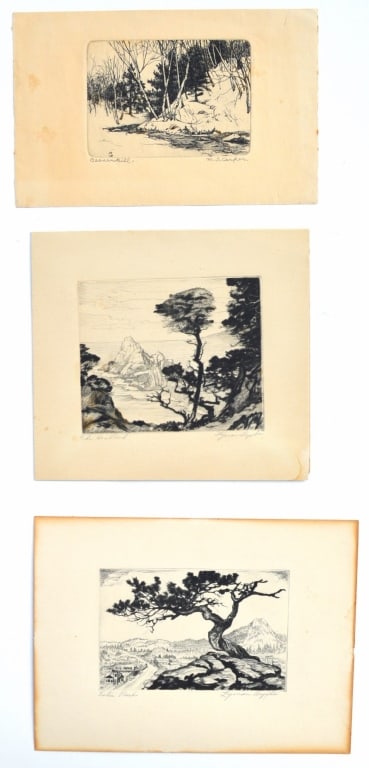 3 Drypoint Etchings, Lewis Bybe (2), M S Carfer: 3 Drypoint Etchings, Lewis Bybe (2), M S Carfer. Signed and tiled in pencil by artist. The Headland : 6 x 6.625 (Paper) 3.75 x 4.25 (image) Estes Park: 6 x 8 (paper), 3.125 x 4.75 (image) Binnekill: 4