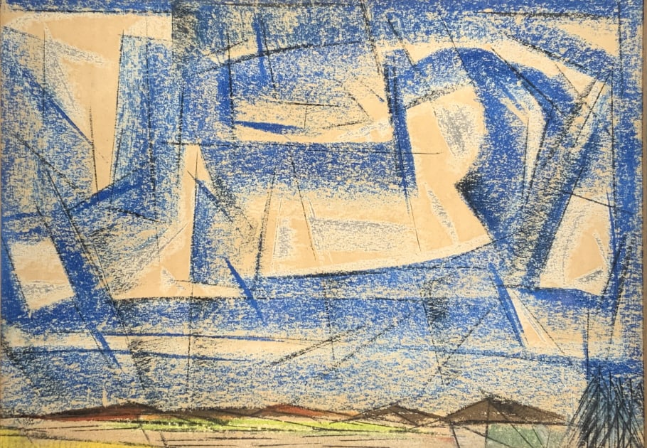 John Begg, hills and blue sky: John Begg, hills and blue sky. John Marin style, Frame size: 17 x 20.75. Title: Blue Skies. Medium: Pastel on paper. Size: 9.25 x 13.50 sight in. Signature: SLL. Artist: John Begg. Framed.