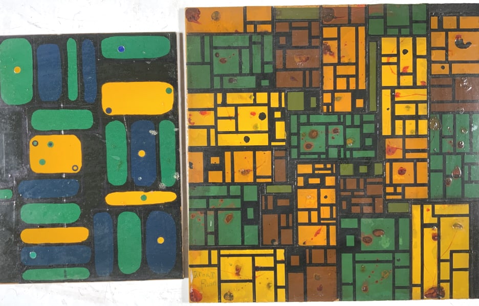 2 artworks, Morton Fishman, Abstract, MCM: 2 artworks, Morton Fishman, Abstract, MCM. Larger one is signed. Title: Untitled abstrct. Medium: On Masonite. Size: 12 x 12, 10 x 7.50 in. Signature: SLL. Artist: Morton Fishman. Unframed.