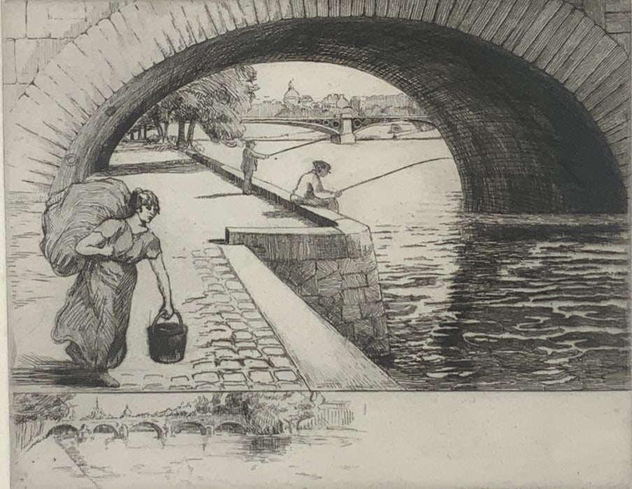 Ray Weiss, Paris seine, Fishing, laundry woman: Ray Weiss, Paris seine, Fishing, laundry woman. Edition 30, Frame size: 14.25 x 15.25, active New Haven and Clay Club. Title: Fishing on the Seine river. Medium: Etching. Size: 6.25 x 8 in. Signature: