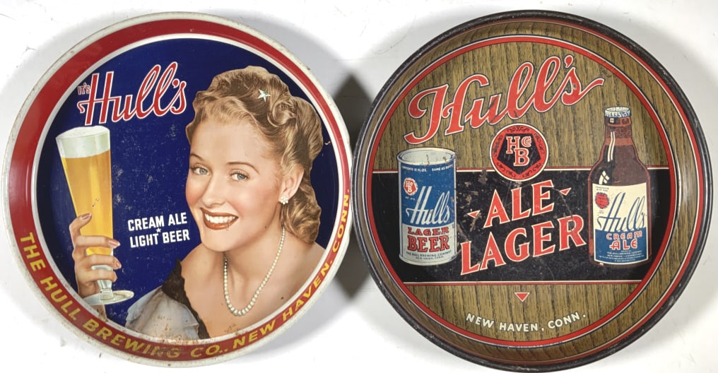 2 Hullâ€™s Ale-Lager, New Haven, CT: 2 Hullâ€™s Ale-Lager, New Haven, CT. Cream Ale, Light beer, The Hull Brewing Co.. New Haven. Medium: Metal tray. Size: 11.75 x 1.25 in. Artist: Hulls Lager beer, Cream Ale.