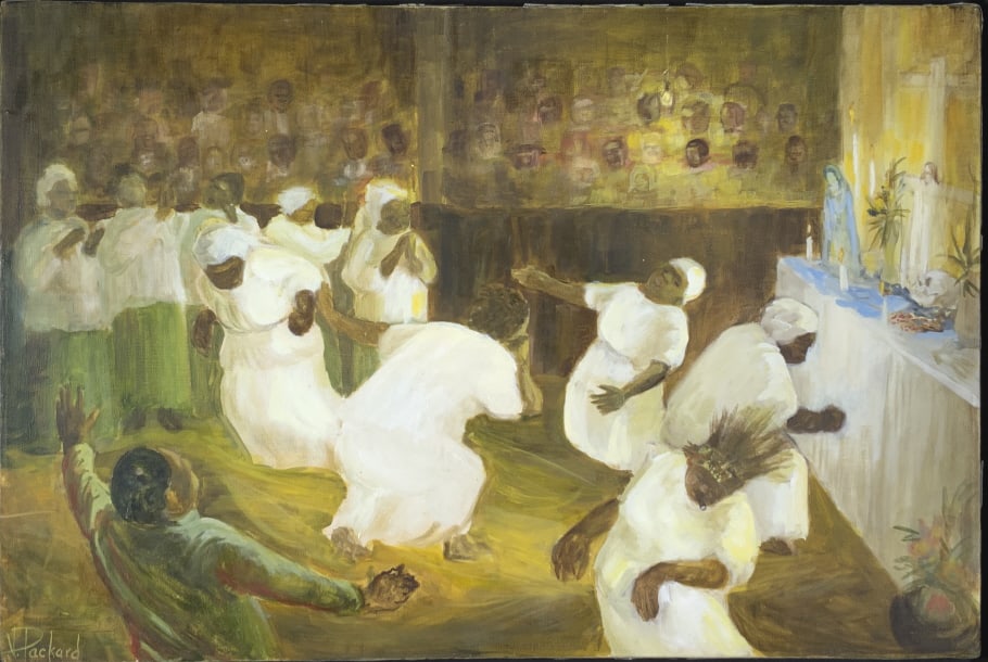 V. Packard, Rio Magic: V. Packard, Rio Magic. Celebration in church. Frame size: 17.25 x 25.25. Title: Rio Magic. Medium: Oil on Canvas. Size: 16 x 24 in. Signature: SLL. Artist: V. Packard. Framed.