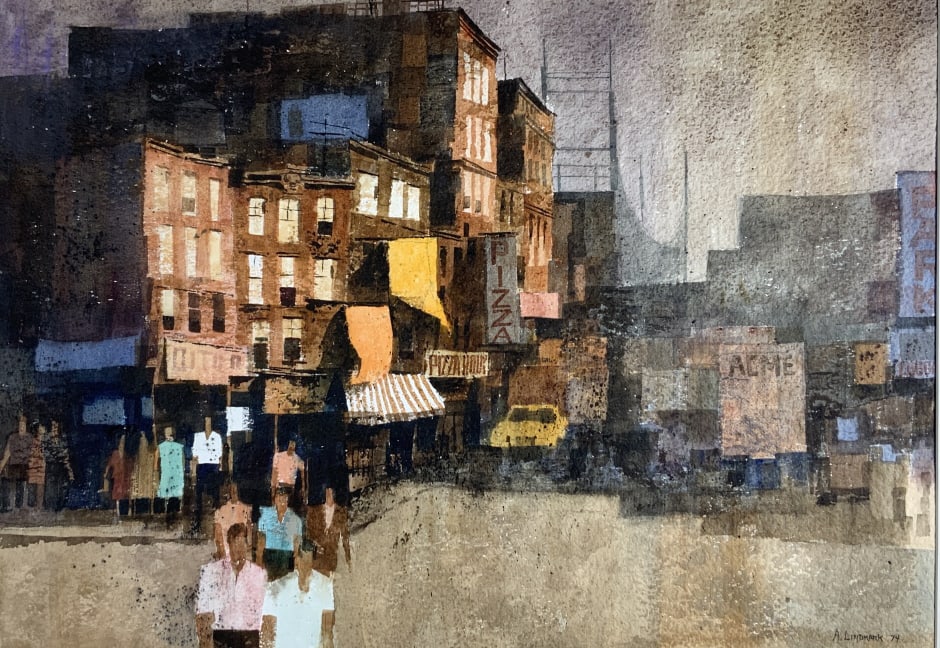 Arne Roland Lindmark, MCM, city scene: Arne Roland Lindmark, MCM, city scene. Arne Roland Lindmark (1929 - 1999) was active/lived in New York. Frame size: 30 x 39 The recipient of over 40 awards in national competitions (including two Silv