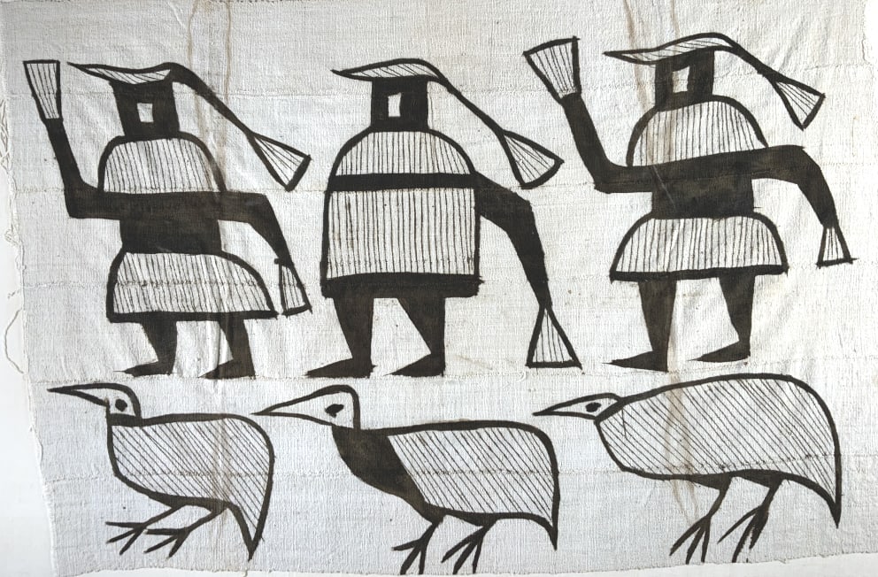 South Pacific Textile art: South Pacific Textile art. . Title: 3 figure, and 3 birds. Medium: Textile. Size: 26.50 x 42.50 sight in. Artist: South Pacific. Framed.