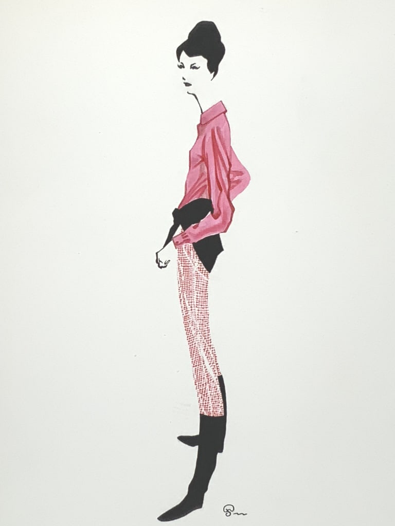 3 Fashion illustrations, MCM, Illegible signed: 3 Fashion illustrations, MCM, Illegible signed. 3 artworks, Mod 1960s, pill box hat, Flower patterns , paper backing size : 17 x 14.50. Title: 3 Fashion artworks, MCM. Medium: Mixed media. Size: 15 x