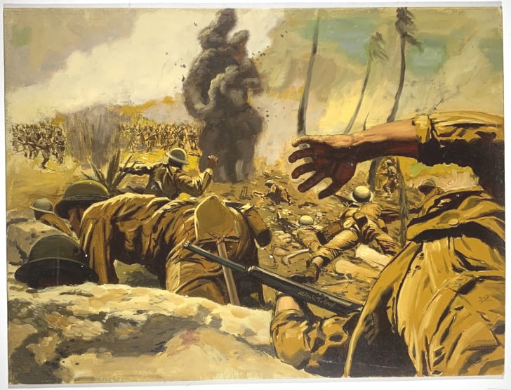 Alton S. Tobey, Golden book, Vol. 9, P. 744-745 !: Alton S. Tobey, Golden book. Golden book History of the United States, Volume 9, Pages 744-745. , white paper on verso has an inventory number for the estate,. Title: Japan invades the Philippines. "O