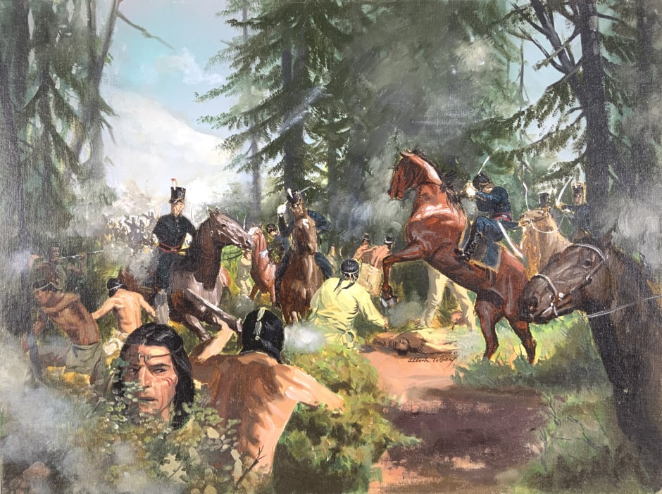 Alton S. Tobey, Golden Books, Vol. 4, P. 312-313 !: Alton S. Tobey, Golden Books, Vol. 4, P. 312-313. Full size Board: 17.75 x 23.75. Title: Harrison Cavalry at Tippacanoe. "Stirred up by the British, Tecumseh led the indians in the raid after after ra