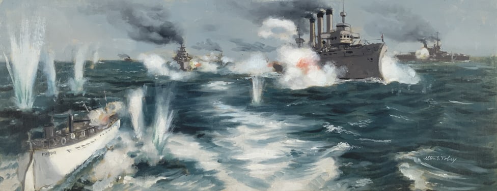 Alton S. Tobey, Golden Books, Vol. 7, P. 574-575 !: Alton S. Tobey, Golden Books, Vol. 7, P. 574-575 x. Full size Board: 12 x 23.75. Title: The Spanish torpedo Furor tried to delay the American fleet. Driven by heavy gunfire, the Furor finally ended up