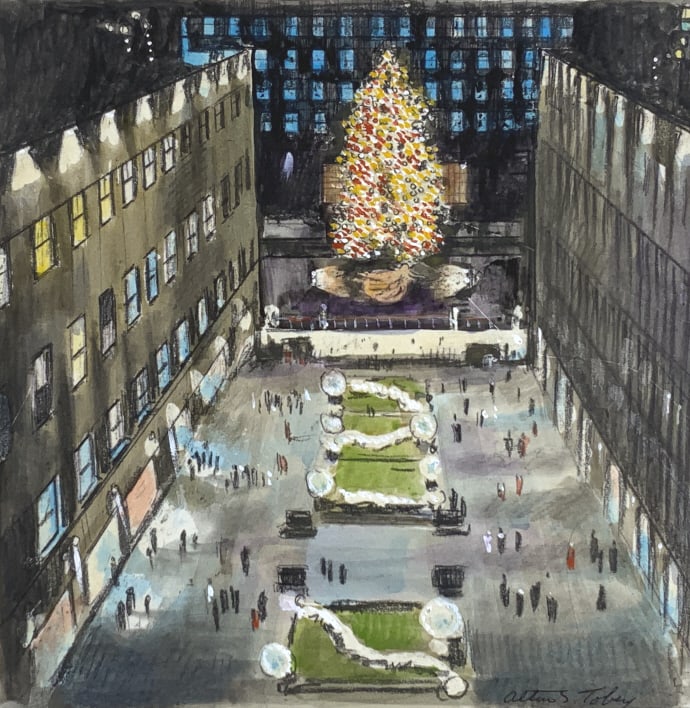 Alton S. Tobey, Rockefeller Center, N.Y City !: Alton S. Tobey, Rockefeller Center, N.Y City. Christmas trail with lights, skating rink at night Full paper size: 17 x 14. Title: Rockefeller Center, N.Y. City. Medium: Mixed media on paper. Size: 8 x