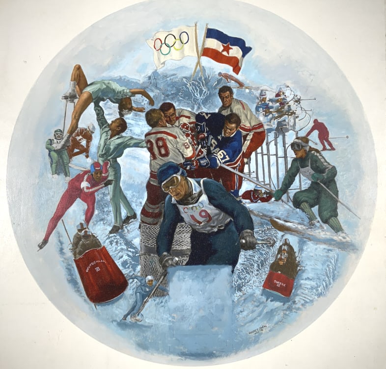 Alton S. Tobey, Winter Olympics xx: Alton S. Tobey, Winter Olympics xx. Hockeyâ€™s team, ice skating, speed skiing, archery, luge racing, Figure skating1983 copyright, Full size board:23 x 23 sight, artwork for plate. Title: Winter