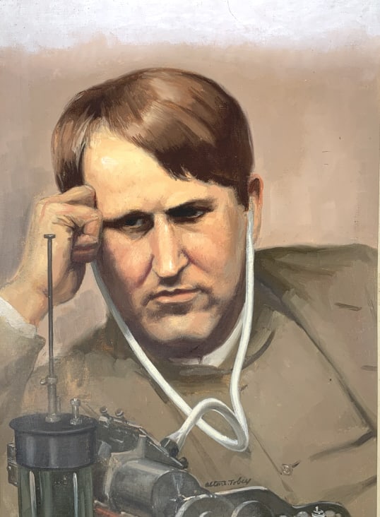 Alton S. Tobey, Golden books, Vol. 6, P. 516 !: Alton S. Tobey, Golden books, Vol. 6, P. 516. U. S. History , Young Thomas Edison, Size full board: 18 x 13.75. Title: Young Thomas Alva Edison Protrait. Medium: Oil on Board. Size: 14 x 11.25 sight i