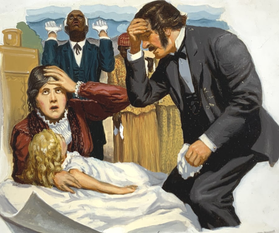 Alton S. Tobey, Golden Books, Vol.5 , P. 371 !: Alton S. Tobey, Golden Books, Vol.5 , P. 371. ."The Death of Little Eva" was one of the best scenes in Uncle Tom's Cabin." Title: Uncle Tomâ€™s Cabin, Harriet Beecher Stowe. Medium: Oil on Masoni