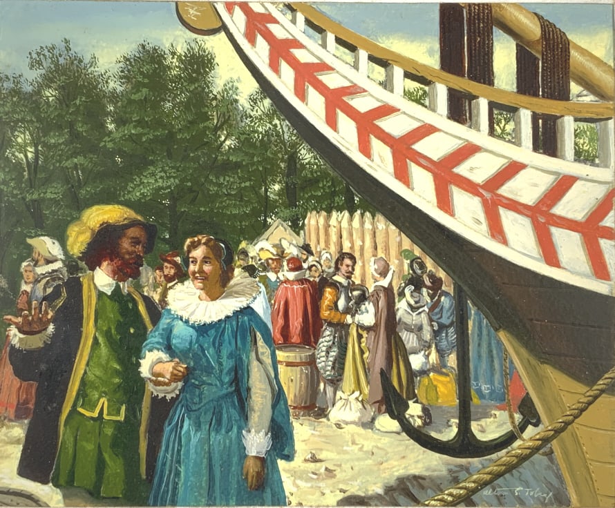 Alton S. Tobey, Golden Books, Vol. 1, P. 43 !: Alton S. Tobey, Golden Books History of the United States. , Vol. 1, P. 43. "The men of Jamestown rejoiced in 1619 when a ship arrived bringing them brides frm England. "Size full masonite, 10 x 12. T