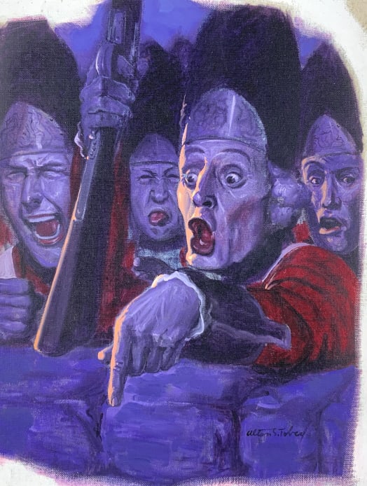 Alton S. Tobey, Golden Books not in vol 3. p. 250 !: Alton S. Tobey, Golden Book. . Title: Red Coats yellin... Medium: Oil on Board. Size: 14 x 10.50 in. Signature: SLR. Artist: Alton S. Tobey. Unframed. not in vol. 3 p. 250