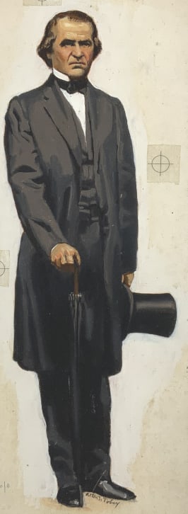 Alton S. Tobey, Golden Book, Vol. 6, P. 470 !: Alton S. Tobey, Golden Book Winning the West. , Vol. 6, P. 470 xt. Size total board: 17.50 x6.50. Title: President Andrew Johnson. Medium: Oil on Board. Size: 14 x 5 in. Signature: SLR. Artist: Alton 