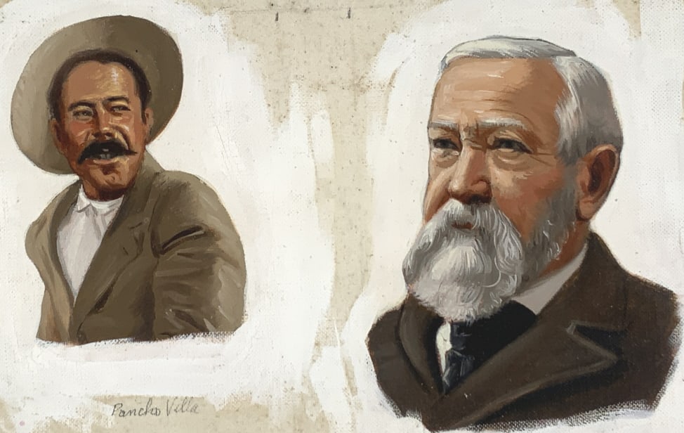 Alton S.Tobey, Golden Book, Vol. 7,P. 617 !: Alton S.Tobey, Golden Book, Vol. 7,P. 617 xtvs. size total board: 9.75 x 12. Title: Poncho Villa, Pres. B. Harrison. Medium: Oil on Board. Size: 6 x 9 in. Signature: Unsigned. Artist: Alton S. Tobey. 