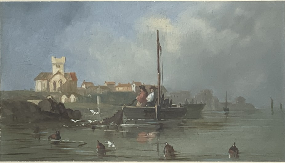 European, Fisherman hauling nets, Coastline: European, Fisherman hauling nets, Coastline. Frame size: 10.75 x 13. Title: Hauling the Fishing nets. Medium: Oil on Board. Size: 4 x 7.50 (sight) in. Signature: Unsigned. Framed.