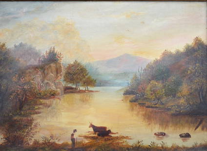 Watering hole, American Primitive, Hudson River: Watering hole, American Primitive, Hudson River. Circa 1820. Title: Cows by the watering hole. Medium: Oil on Board. Size: 10 x 14 in. Signature: Unsigned. Framed.