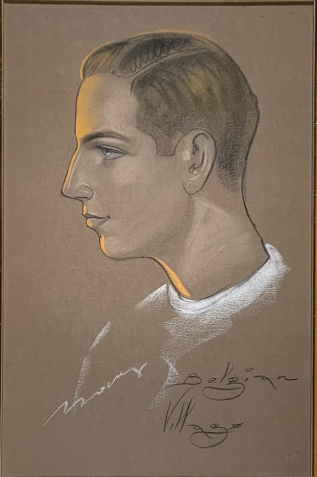 Profile of a young man Belgian Village,: Profile of a young man Belgian Village. illegible signed , frame size: 20.75 x 14. Title: Profile of a young man. Medium: Charcoal. Size: 20 x 13 (sight) in. Signature: SLL. Artist: Illegible. Framed.