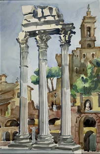 J. Ludwikiewicz, Italy scene, Columns: J. Ludwikiewicz, Italy scene, Columns. No frame, Mat Size: 28 x 20. Title: Columns, Italy. Medium: Watercolor. Size: 23 x 15.25 sight in. Signature: SLR. Artist: J. Ludwikiewicz. Unframed.