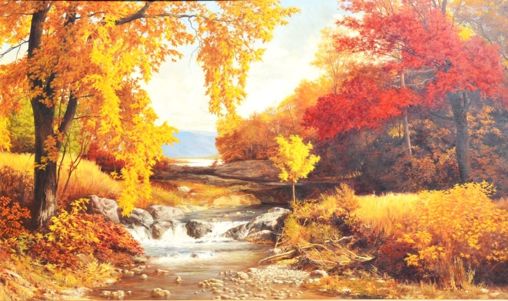 Robert Doares, Rhapsody of the Fall,: Robert Doares, Rhapsody of the Fall. Title: Rhapsody of Fall. Medium: Oil on Board. Size: 24 x 40 in. Signature: SLR. Artist: Robert Doares (American 1911-2005). Framed.