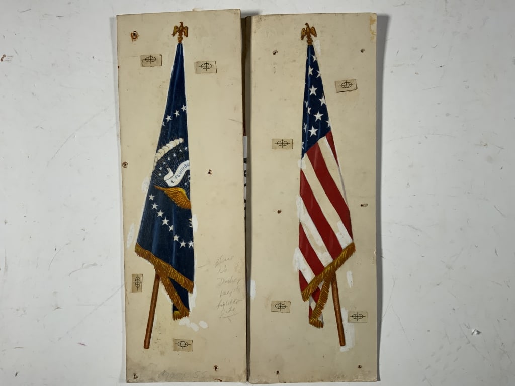 Alton S. Tobey, 2 artworks, American Flags: Alton S. Tobey, 2 artworks, American Flags. Board size: 15 x 5. Title: American Flags. Medium: Oil on Board. Size: 13.50 x 3 in. Signature: SLR. Artist: Alton S. Tobey. Unframed.