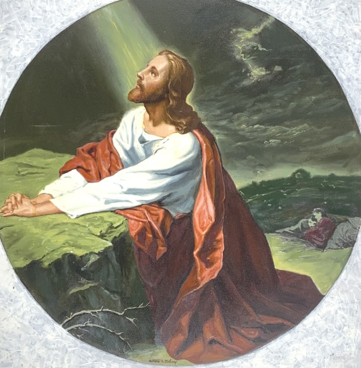 Alton S. Tobey, Jesus in prayer: Alton S. Tobey, Jesus in prayer. Board size: 25 x 19.75. Title: Jesus in prayer. Medium: Oil on Board. Size: 19.75 x 19.75 in. Signature: SLL. Artist: Alton S. Tobey. Unframed.