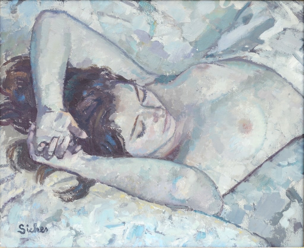 Alexandro Siches, Reclining Female nude model: Alexandro Siches, Reclining Female nude model. Siches was active/lived in Spain Frame size:31.25 x 27. Title: Reclining Female nude model. Medium: Oil on Canvas. Size: 24 x 20 in. Signature: SLL. Arti