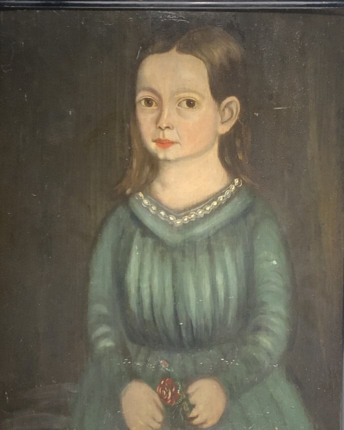 Folk art, young girl, primitive portrait painting: Folk art, young girl, primitive portrait painting. Frame size: 23 x 19.25. Title: Young Girl with Flower. Medium: Oil on Panel. Size: 20.50 x 16.50 in. Framed.