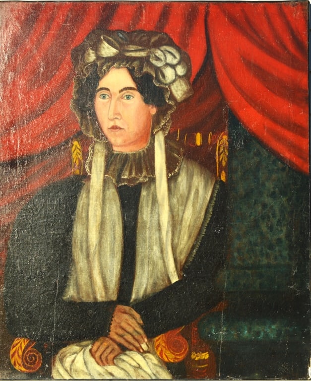 Early Husband and wife portrait, Primitive: Early Husband and wife portrait, Primitive. portrait painting. Title: Husband and wife portrait. Medium: Oil on canvas, wax relined both. Size: 35.75 x 29.50 in. Unframed.